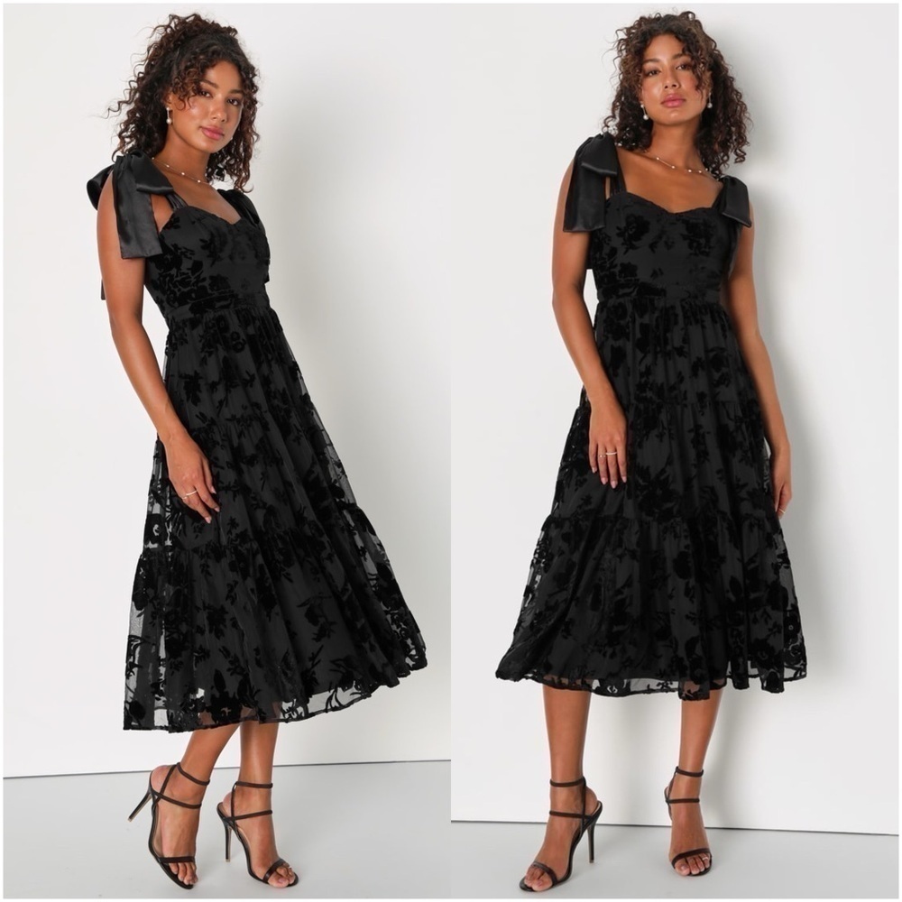 LULU’S Sweet Essence Black Floral Burnout Velvet Tie Strap Midi Dress